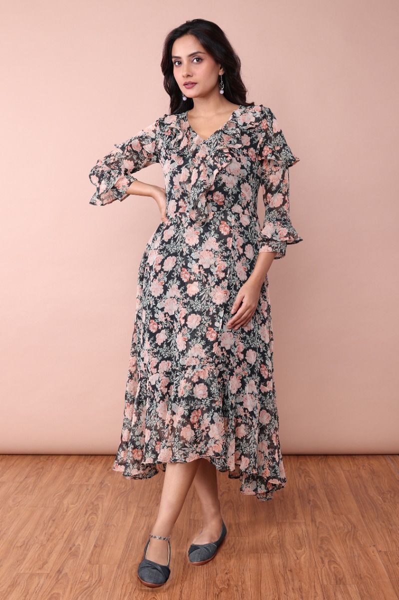 Multicolor Printed Chiffon Long Dress