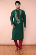 Green Embroidered Cotton Slub Long Kurta