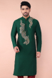 Green Embroidered Cotton Slub Long Kurta