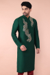 Green Embroidered Cotton Slub Long Kurta