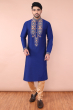 Blue Cotton Slub Embroidered Long Kurta