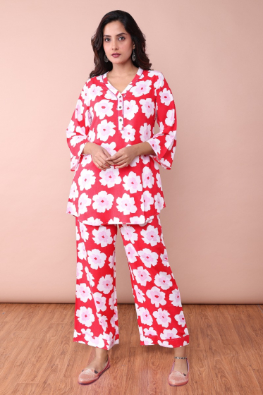 RED RAYON PRINTED CO ORD SET