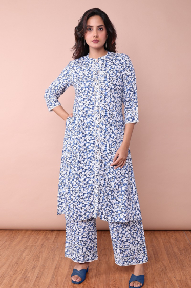 BLUE RAYON PRINTED PANT SET