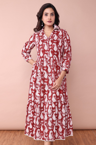 MAROON PRINTED COTTON LONG DRESS