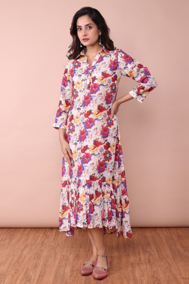 MULTICOLORED MASLIN PRINTED LONG DRESS