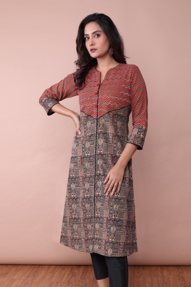 BROWN AJRAK PRINTED COTTON LONG KAMEEZ