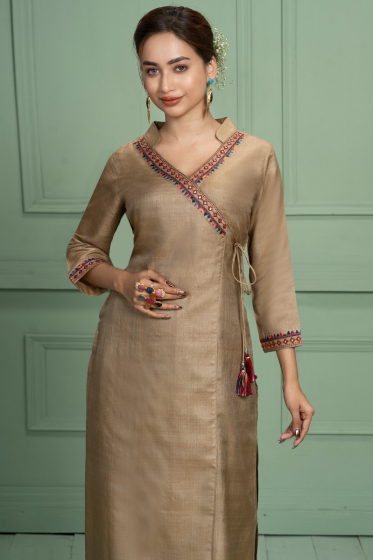 BEIGE EMBROIDERED TUSSAR LONG KAMEEZ