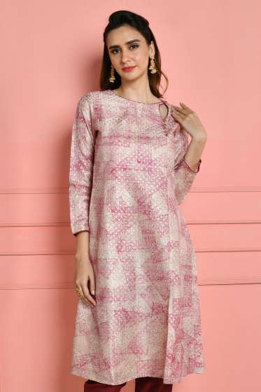 PINK PRINTED TUSSAR EXCLUSIVE LONG KAMEEZ