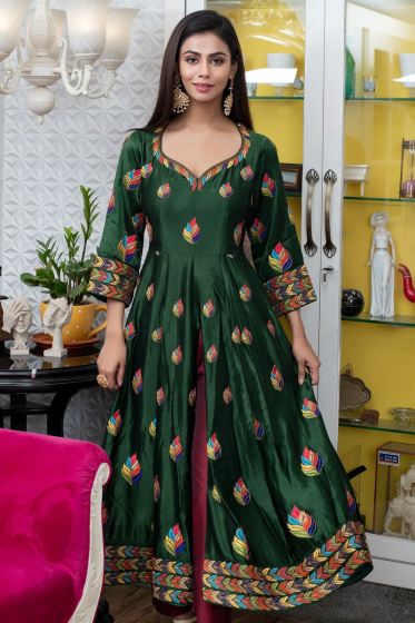 BOTTLE GREEN MASHRU SILK EXCLUSIVE ANARKALI