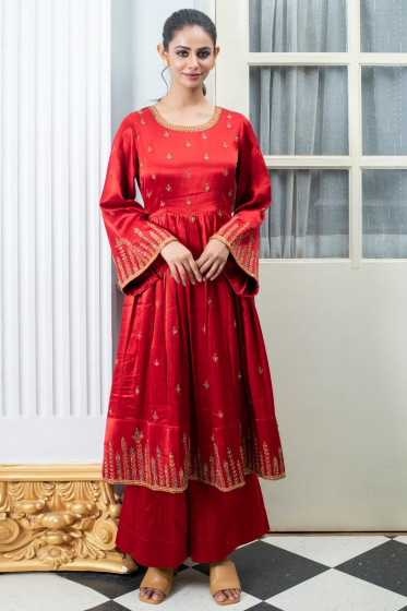 RED SEQUIN EMBROIDERED MASHRU SILK EXCLUSIVE ANARKALI SET