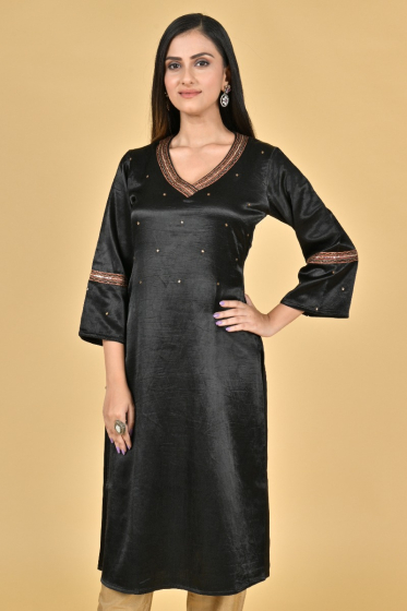 BLACK MASHRU EMBROIDERED EXCLUSIVE LONG KAMEEZ