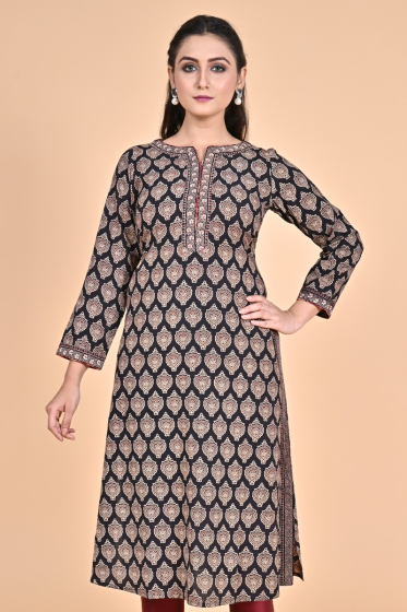 BLACK COTTON AJRAK PRINTED LONG KAMEEZ