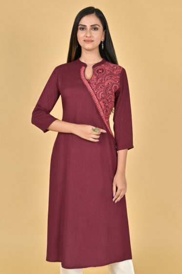 MAROON RAYON EMBROIDERED LONG KAMEEZ