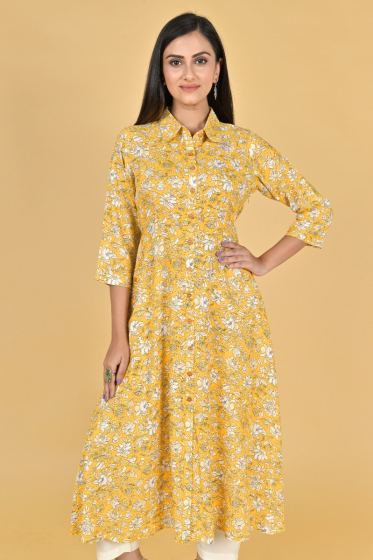 YELLOW RAYON PRINTED LONG KAMEEZ