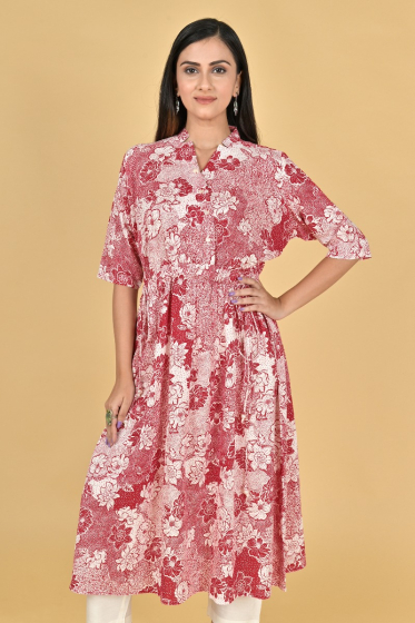 RED RAYON PRINTED LONG KAMEEZ