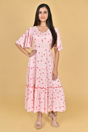 PINK RAYON PRINTED LONG DRESS