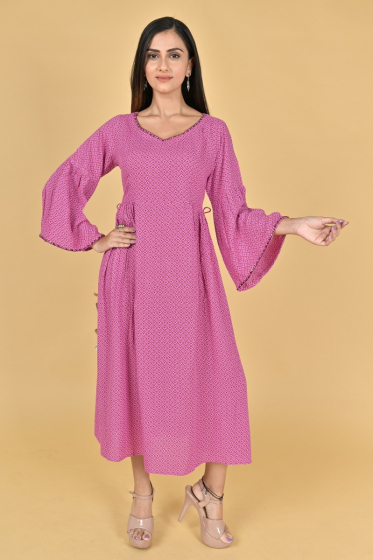 PINK RAYON PRINTED LONG DRESS