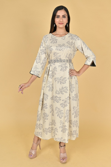 OFF WHITE RAYON PRINTED LONG DRESS