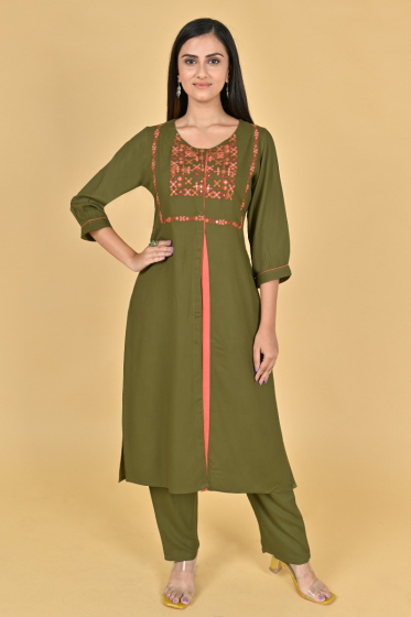 GREEN RAYON EMBROIDERED PANT SET