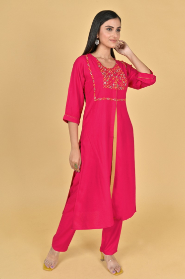 FUCHSIA RAYON EMBROIDERED PANT SET