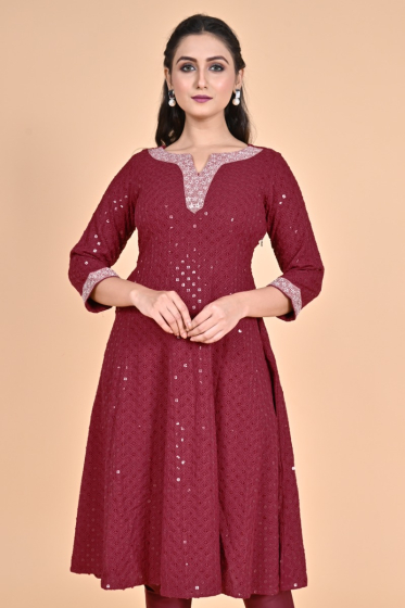 Maroon Chikankari Long Kameez