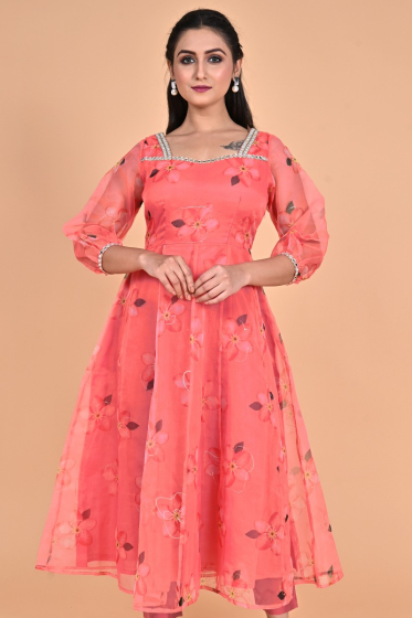 PINK PRINTED ORGANZA LONG KAMEEZ