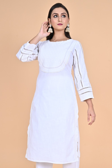 WHITE EMBROIDERED COTTON LONG KAMEEZ