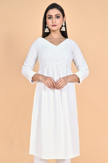 WHITE COTTON CHIKON LONG KAMEEZ