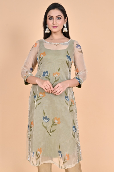 GREEN ORGANZA PRINTED LONG KAMEEZ