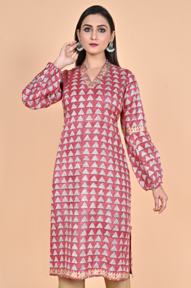 RED PRINTED TUSSAR EXCLUSIVE LONG KAMEEZ