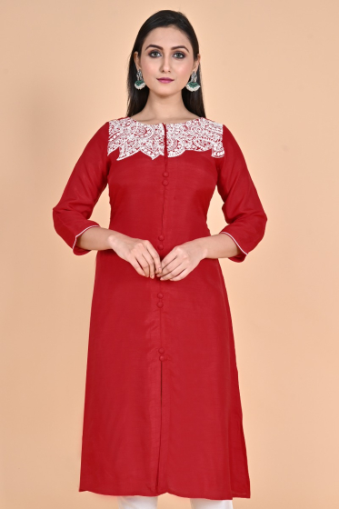 RED DOLA SILK EMBROIDERED LONG KAMEEZ