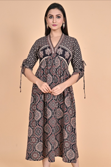 BLACK AJRAK PRINTED LONG DRESS