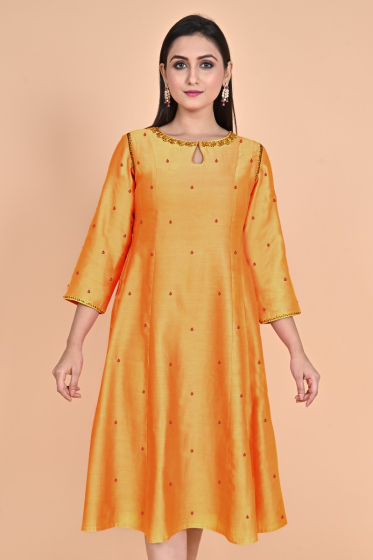 YELLOW EXCLUSIVE CHANDERI LONG KAMEEZ