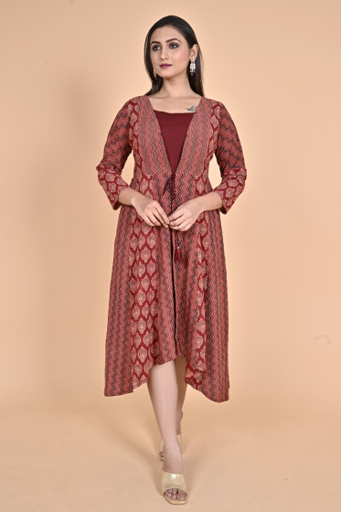 MAROON AJRAK JACKET SET