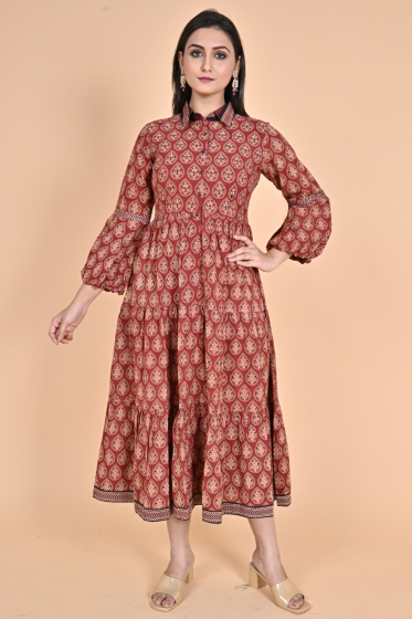 RUST AJRAK PRINTED LONG DRESS