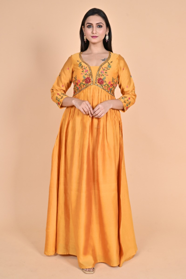 YELLOW CHANDERI SEQUIN WORK LONG DRESS