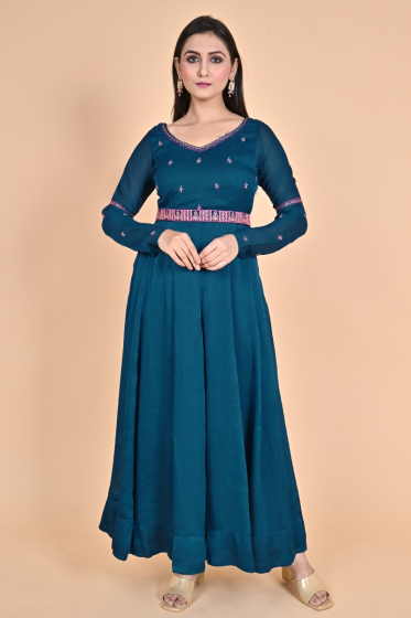 TEAL CHIFFON EMBROIDERED EXCLUSIVE LONG DRESS