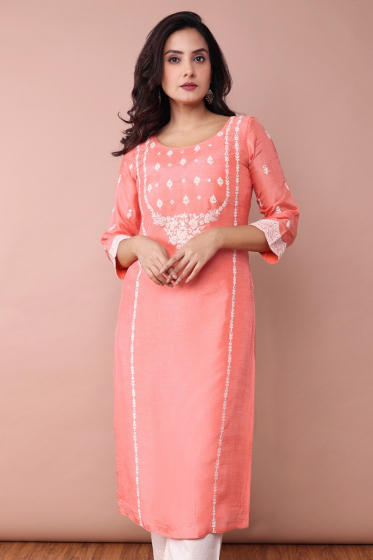 PEACH EMBROIDERED DOLA SILK LONG KAMEEZ