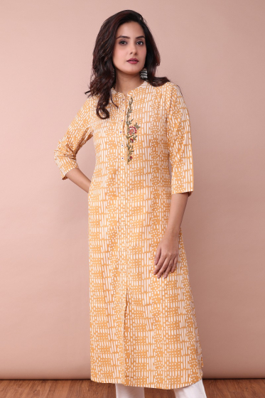 YELLOW COTTON EMBROIDERED LONG KAMEEZ