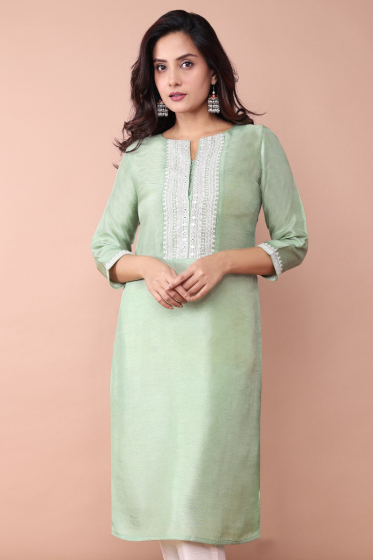 GREEN EMBROIDERED DOLA SILK LONG KAMEEZ