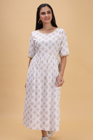 WHITE RAYON PRINTED LONG KAMEEZ