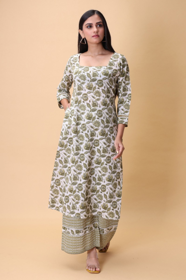 GREEN COTTON PRINTED PANT SET