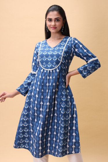 INDIGO COTTON PRINTED LONG KAMEEZ