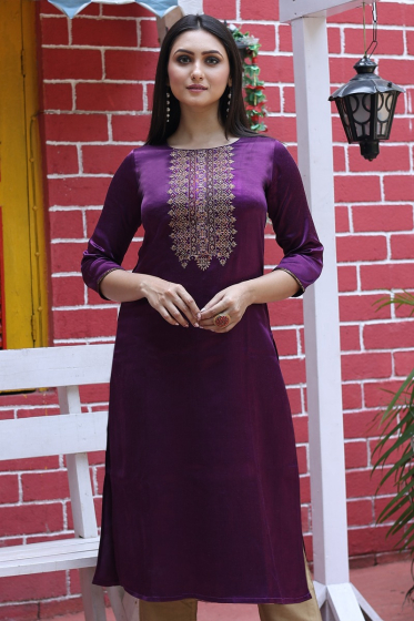 VIOLET MASHRU EMBROIDERED LONG KAMEEZ