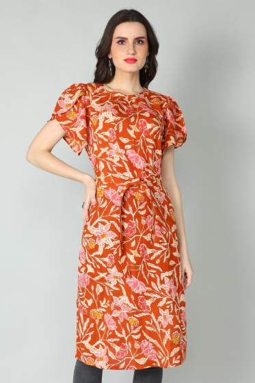 ORANGE RAYON PRINTED LONG KAMEEZ