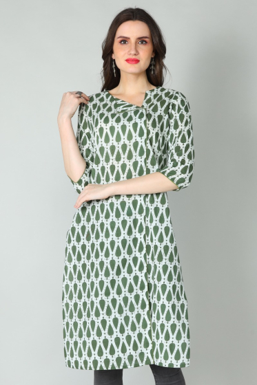 GREEN COTTON PRINT LONG KAMEEZ