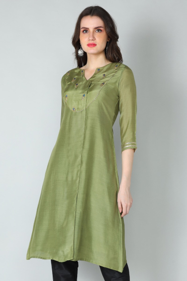 GREEN MUSLIN LONG KAMEEZ