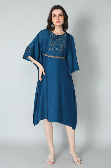 TEAL MUSLIN EMBROIDERED KAFTAN