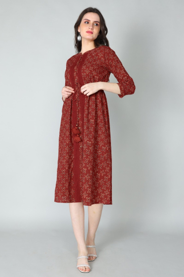 MAROON COTTON PRINTED LONG DRESS