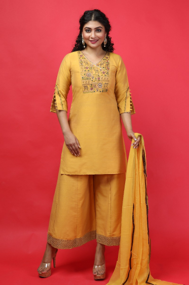 YELLOW COTTON SLUB SAHRARA SET